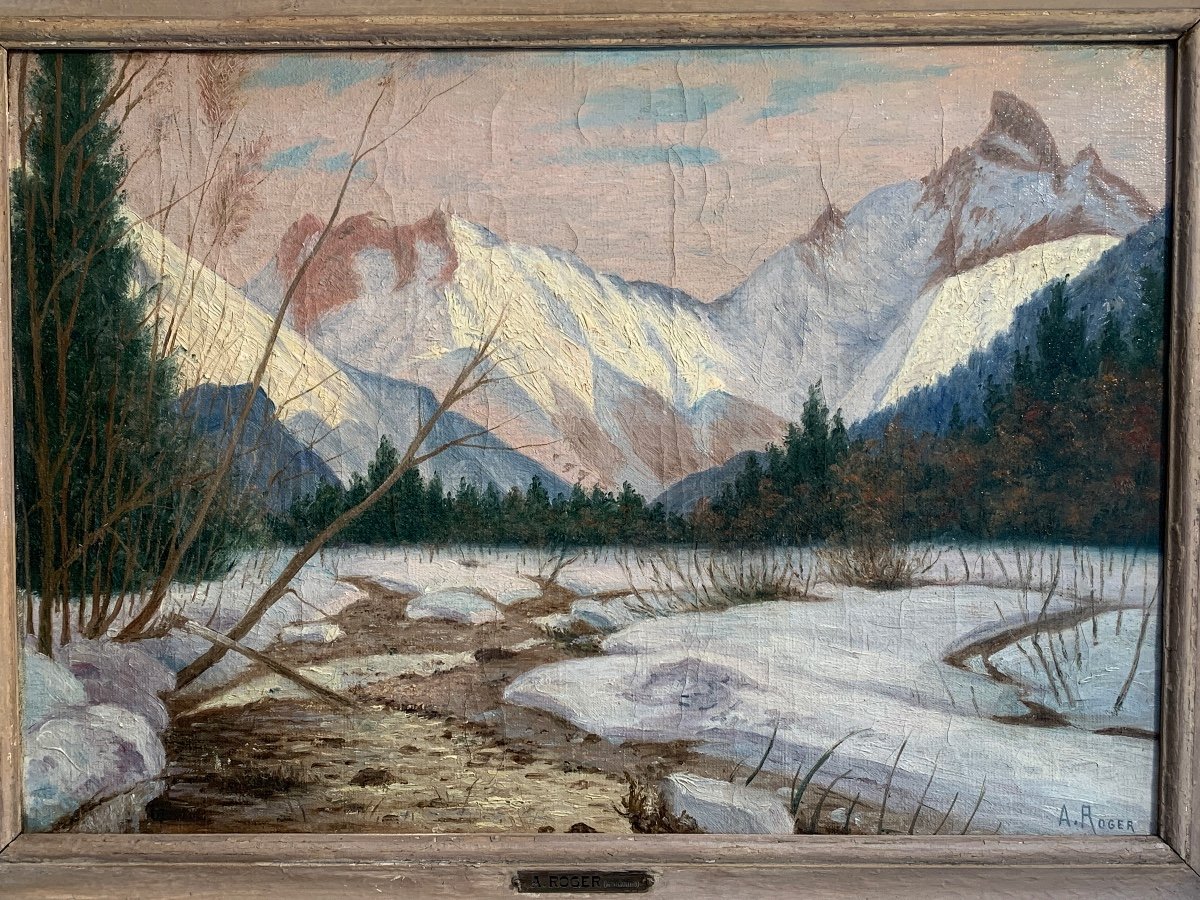A Roger Oil On Canvas Mountain Landscape-photo-2