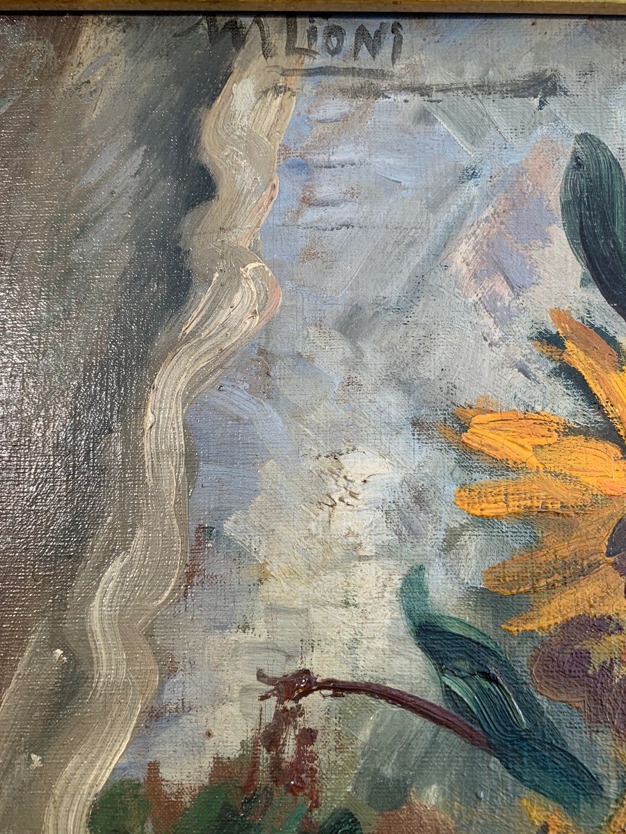 Umberto Lilloni, Bouquet Of Flowers Overlooking The Roofs, Oil Sir Canvas-photo-2