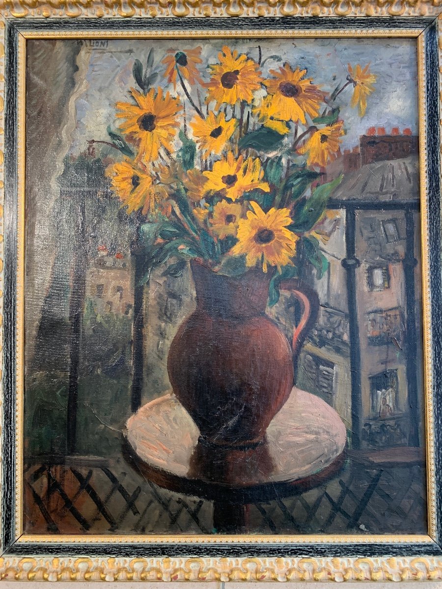 Umberto Lilloni, Bouquet Of Flowers Overlooking The Roofs, Oil Sir Canvas