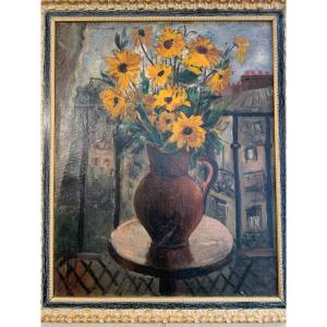 Umberto Lilloni, Bouquet De Fleurs Donnant Sur Les Toits,huile Sir Toile
