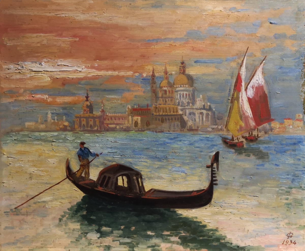 Monogrammiste I.G. (1934). Vue de la lagune de Venise avec la Punta della Dogana