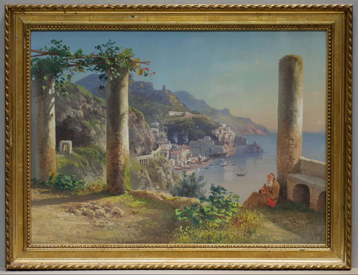 Guglielmo Giusti (Naples 1824 - après 1916). Vue d'Amalfi depuis le couvent des Capucins.-photo-2