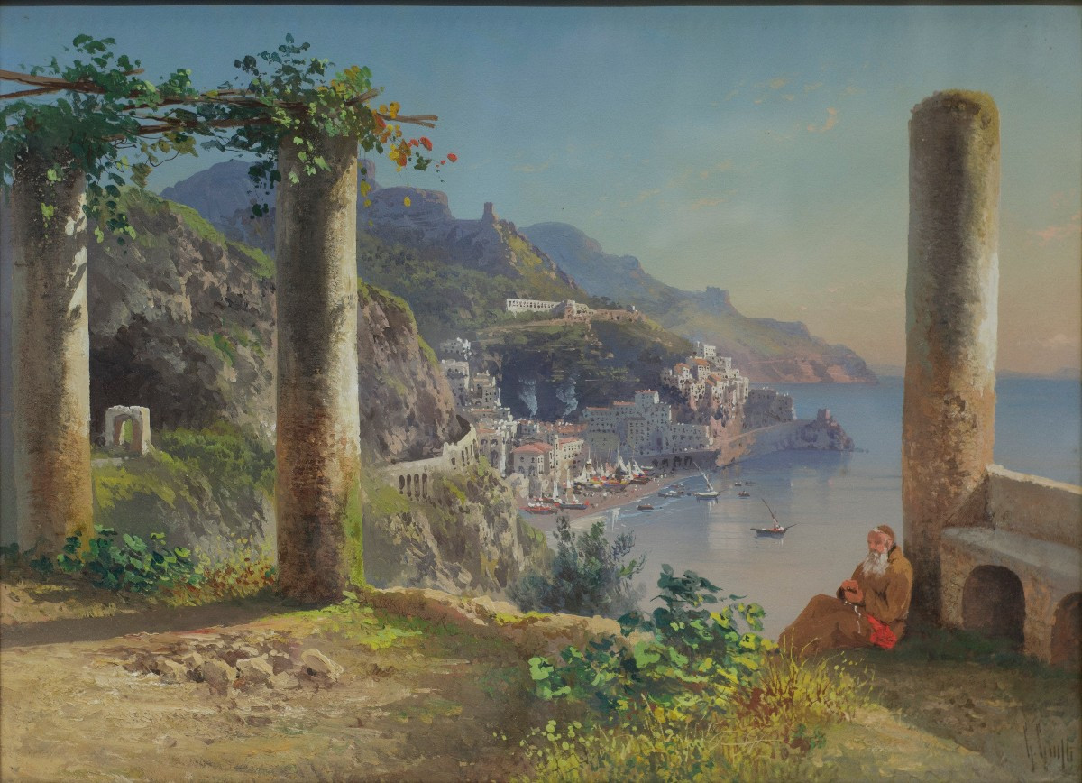 Guglielmo Giusti (Naples 1824 - après 1916). Vue d'Amalfi depuis le couvent des Capucins.