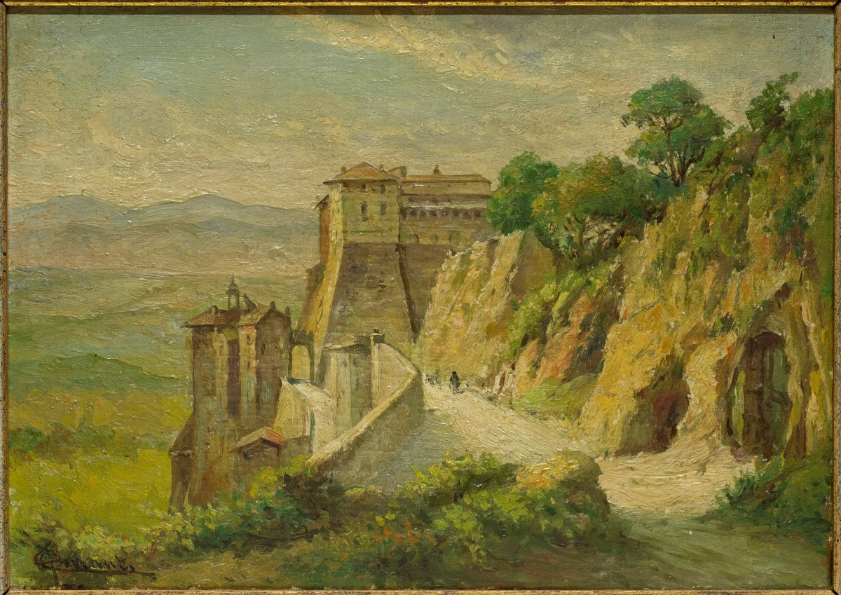 Carlo Ferranti (Rome, 1840-1908). Vue de Genazzano avec le Palais Colonna-photo-2