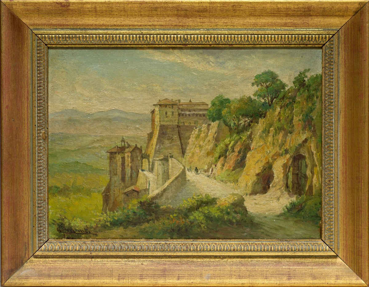Carlo Ferranti (Rome, 1840-1908). Vue de Genazzano avec le Palais Colonna