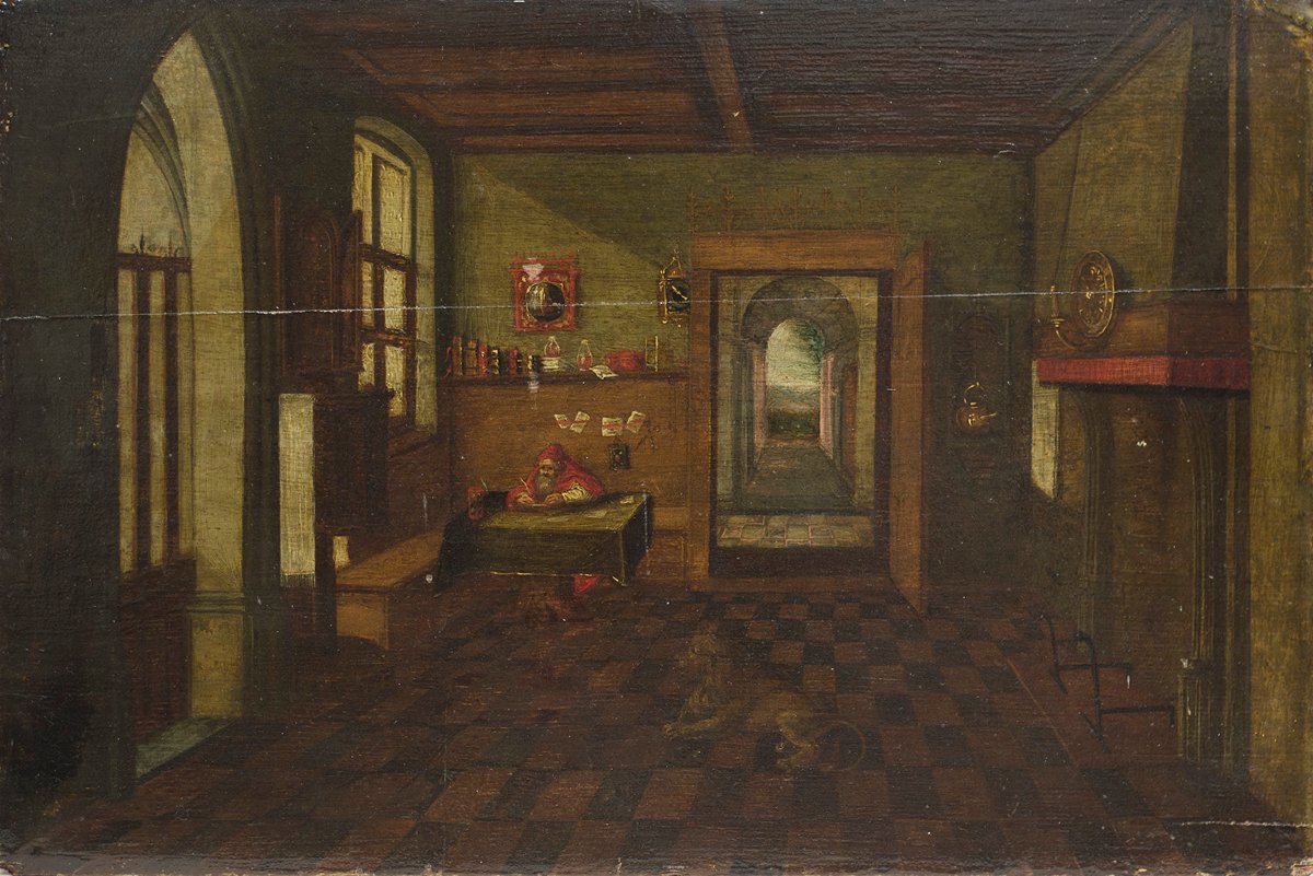 Attributed To Hendrik Van Steenwijk II (antwerp, 1580–1649). Interior With Saint Jerome