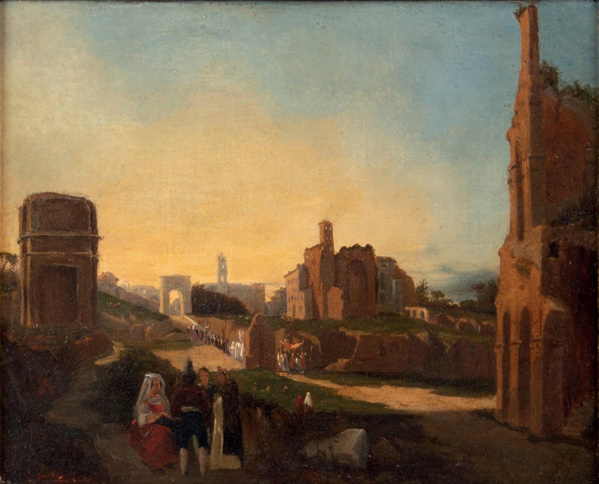 French Painter Active In Rome In The 19th Century. View Of The Palatine Hill Near The "meta Sudan"-photo-2