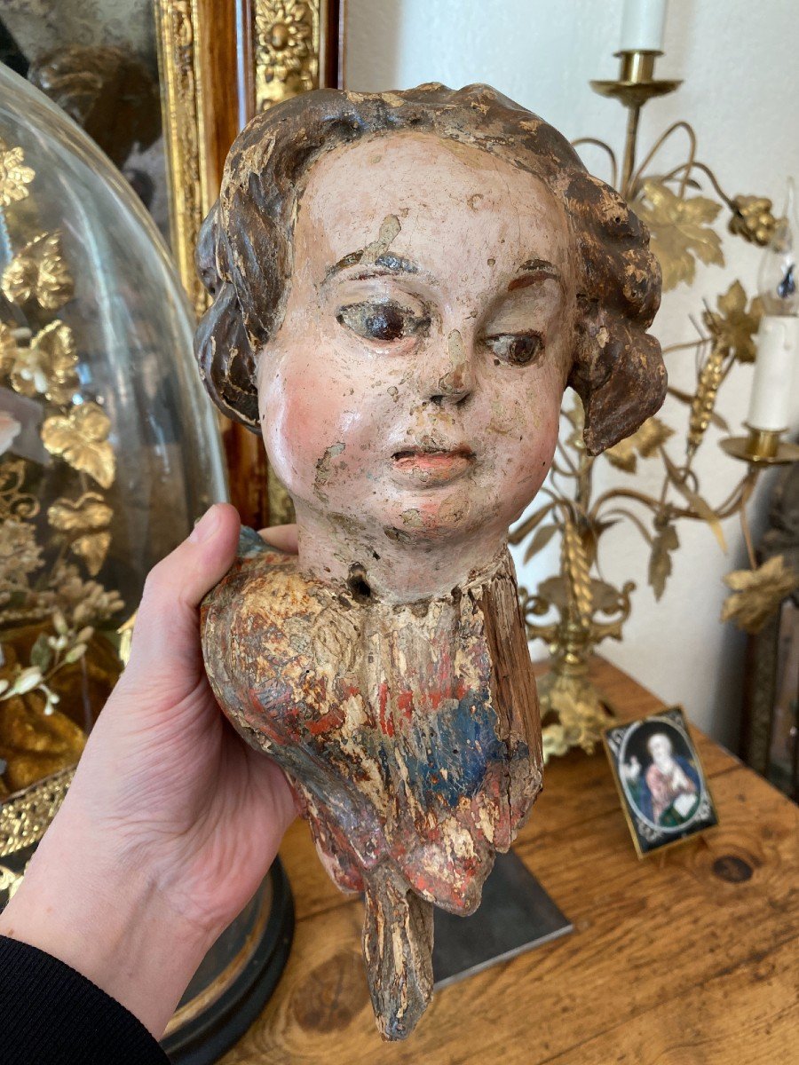 Angel Head In Carved Wood - Angel, Polychrome Putti - Cherub Head - Putto - Haute Epoque-photo-4