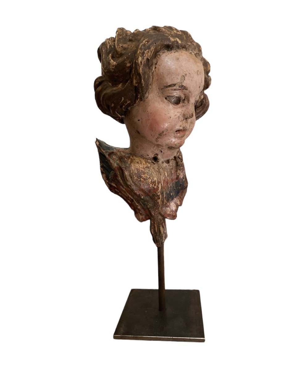 Angel Head In Carved Wood - Angel, Polychrome Putti - Cherub Head - Putto - Haute Epoque