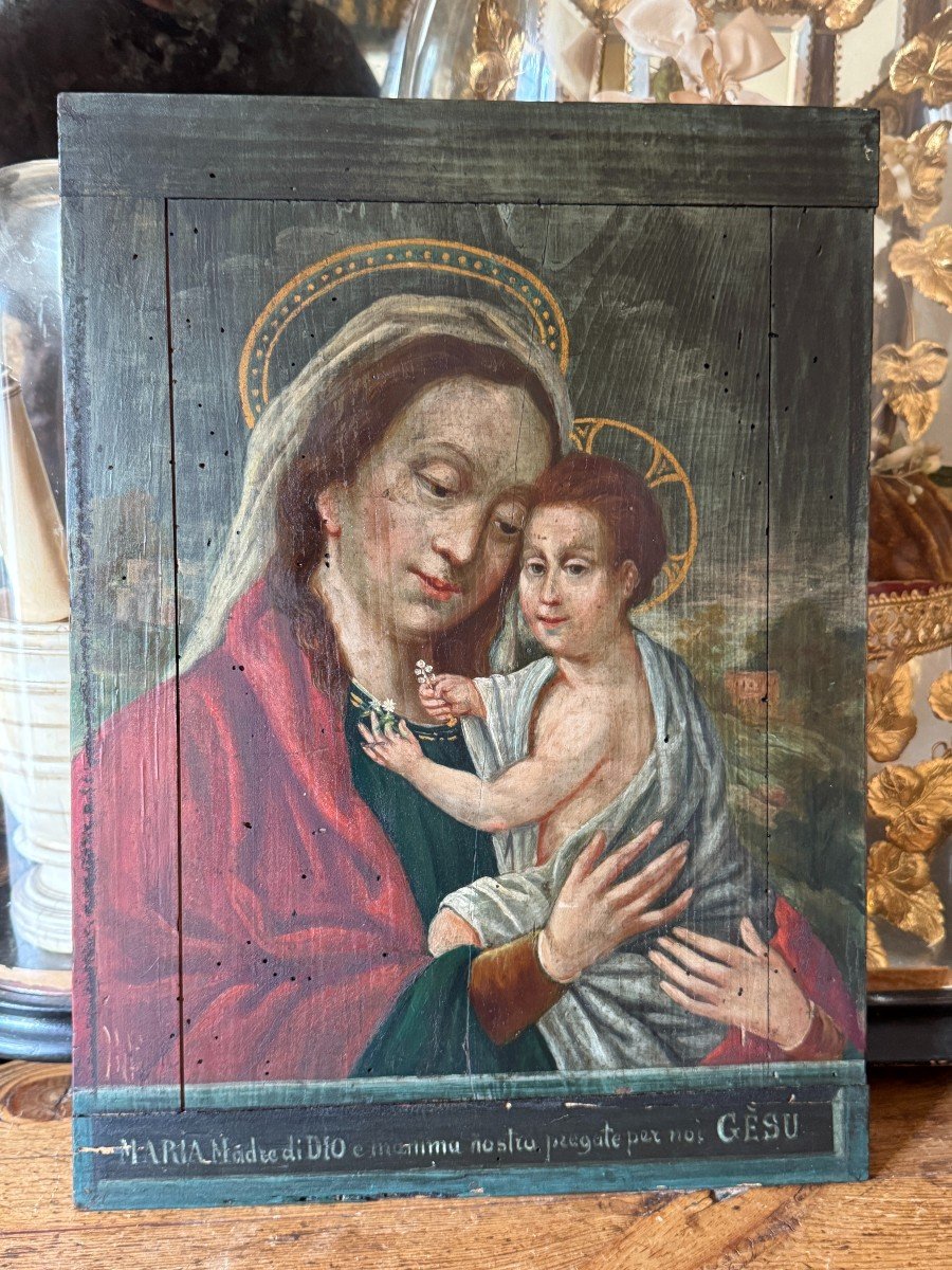 Huile Sur Panneau, Peinture &ndash; Vierge &agrave; L&rsquo;enfant &ndash; Ex Voto &ndash; Fin Du XVIIIe Si&egrave;cle &ndash; Italie-photo-2