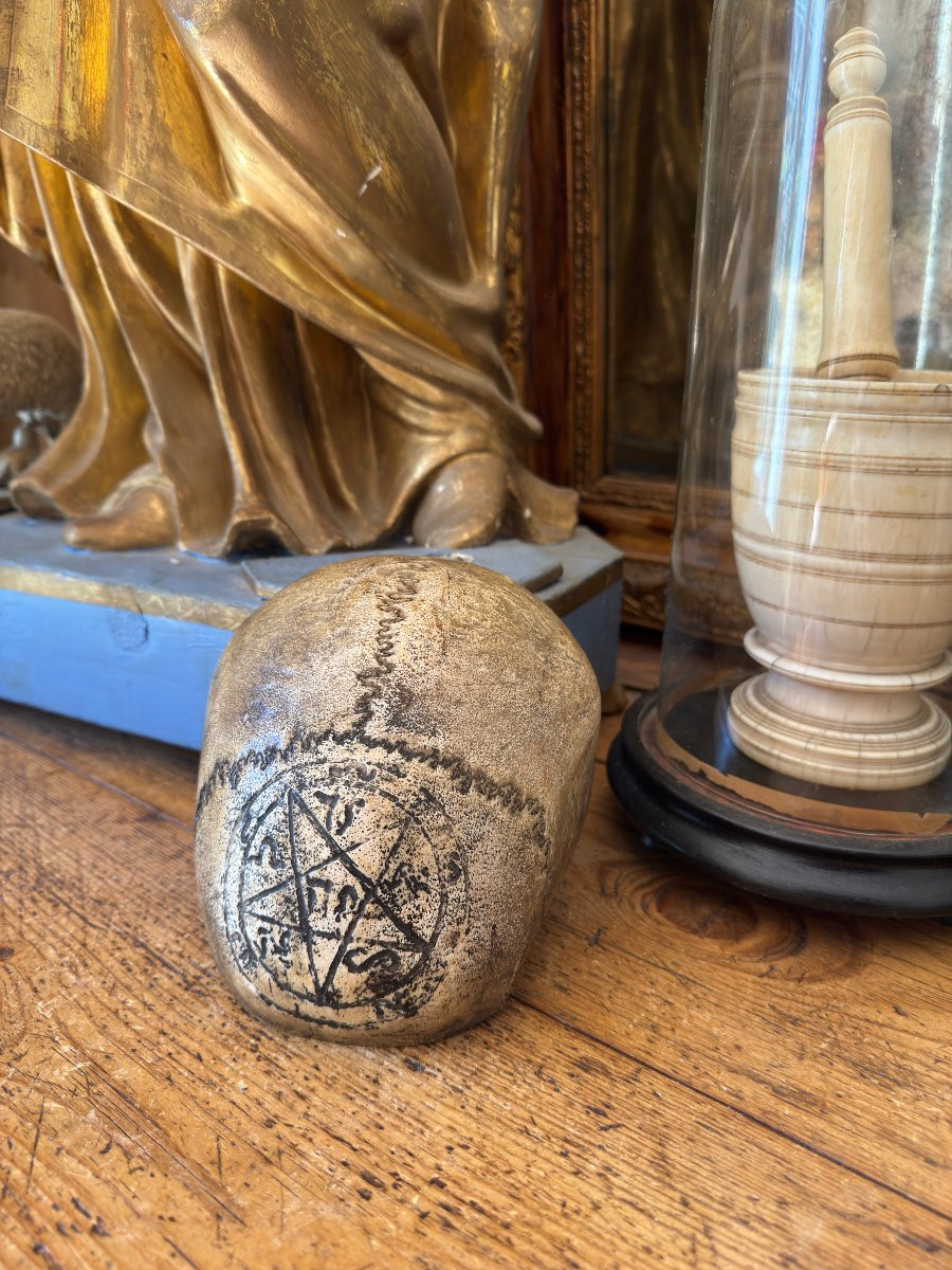 Curiosity, Devil – Occultism – Engraved Skullcap – Skull – Pentacle – Witchcraft Object-photo-2