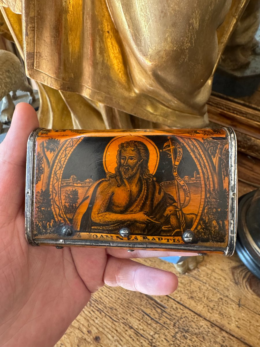 Museum - Painted Boxwood Snuffbox - Saint John The Baptist And Surveying Scenes - Folk Art -photo-2