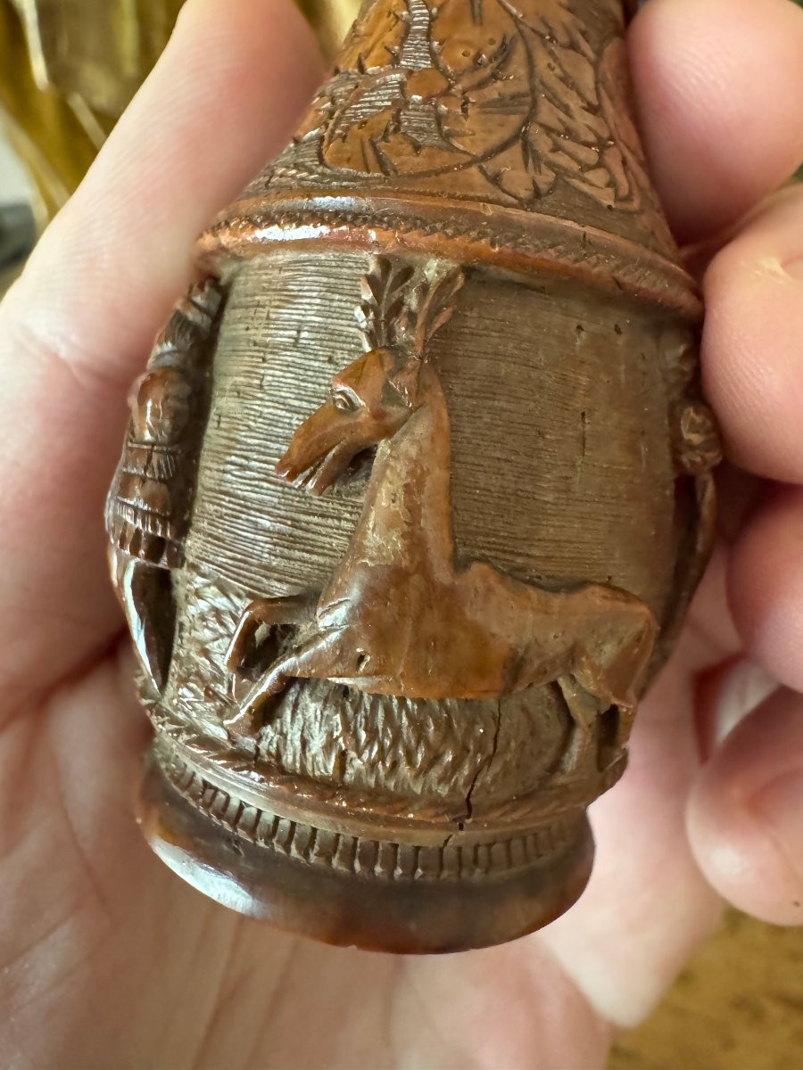 Museum - Snuffbox, Corozo Shaker - Hunter With Dog And Rifle - Folk Art-photo-4