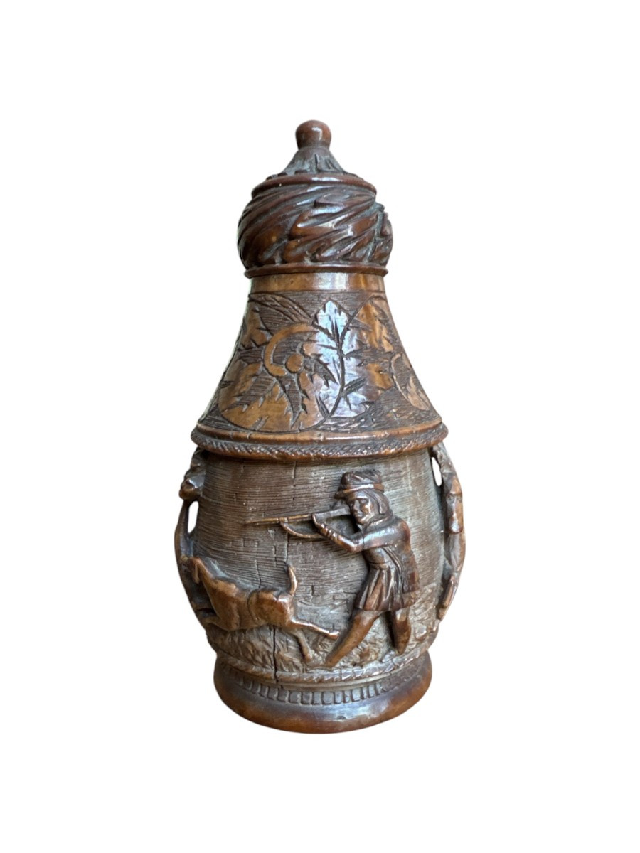 Museum - Snuffbox, Corozo Shaker - Hunter With Dog And Rifle - Folk Art