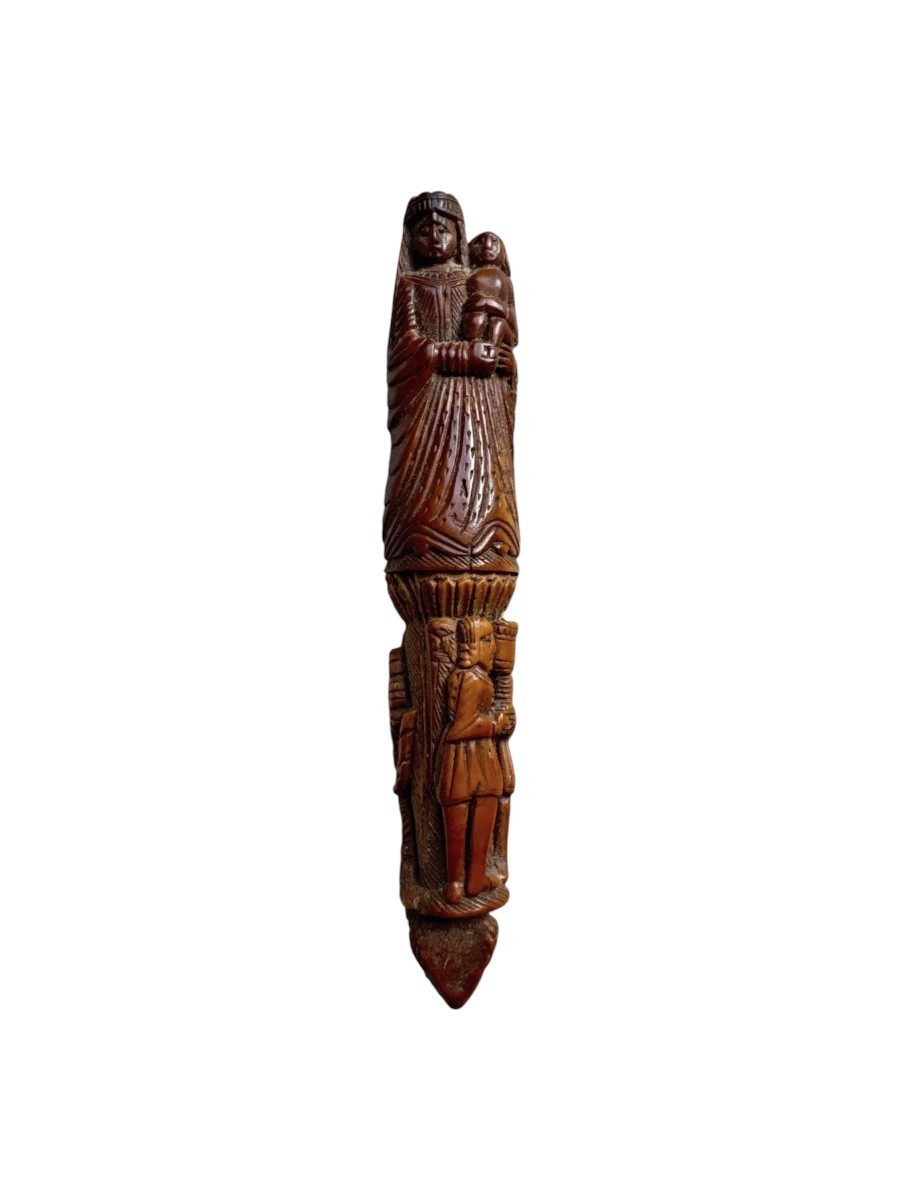 Museum - Sculpted Needle Holder - Virgin And Child And Praying Figures - Folk Art