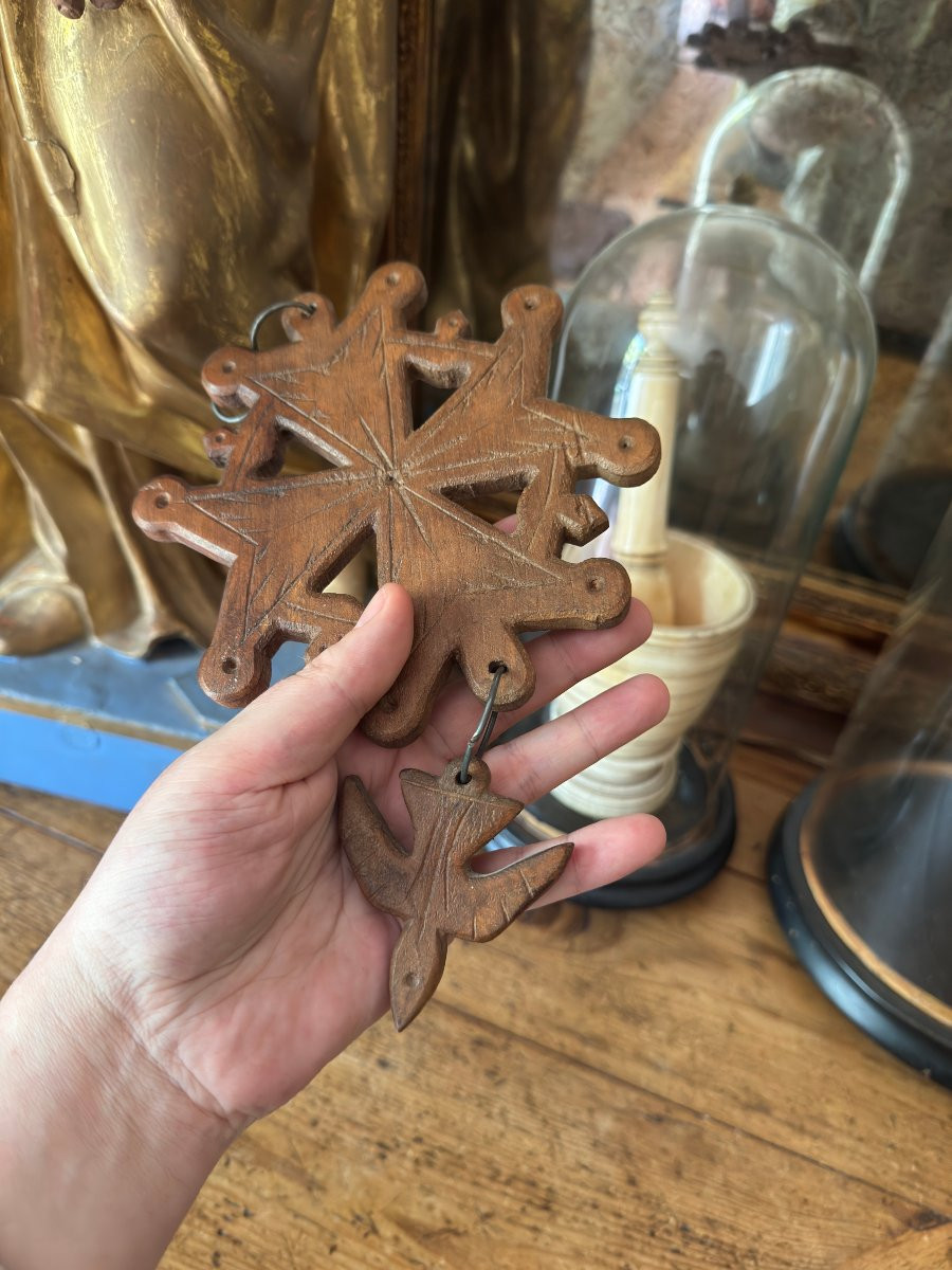 Croix Huguenote En Bois Sculpté – Colombe Du Saint-esprit – Art Populaire-photo-4