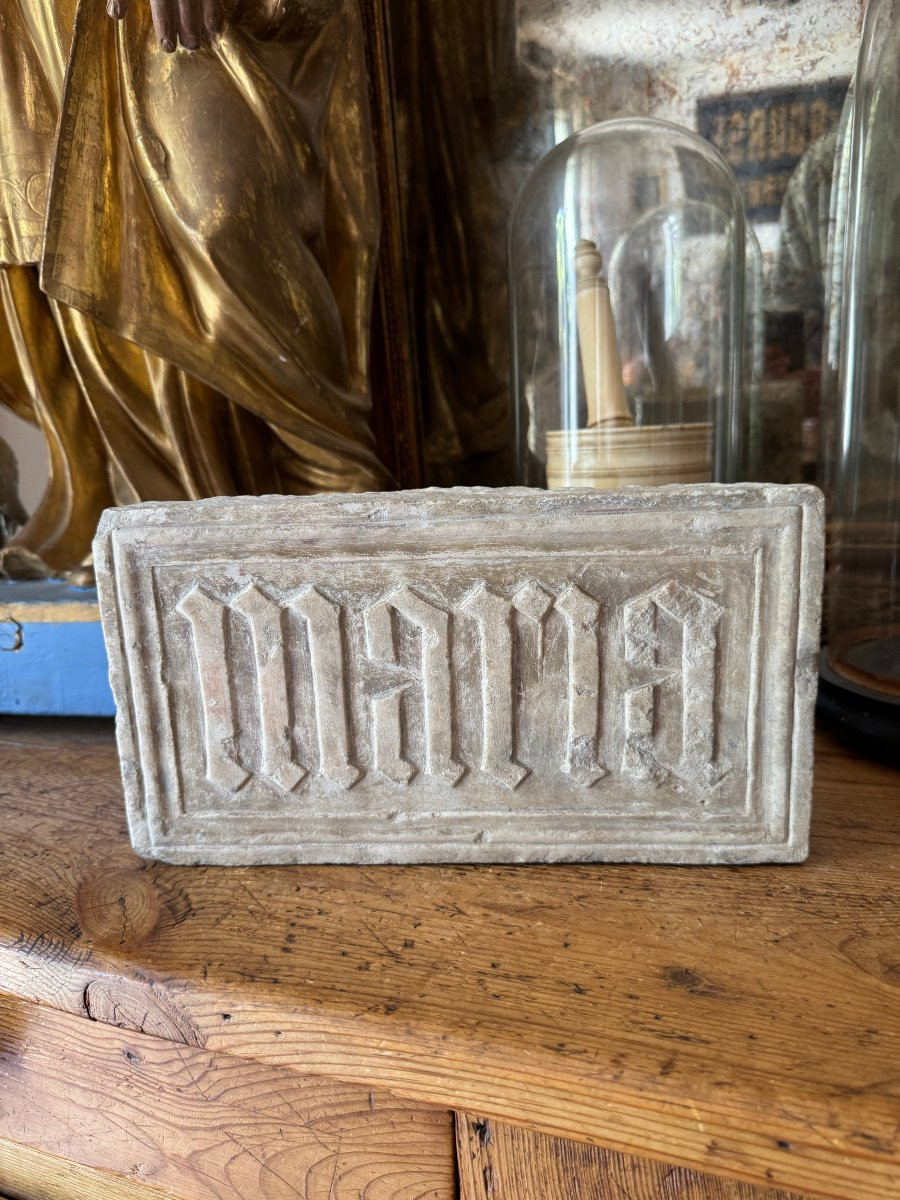 Medieval Statuary – Carved Marble Plaque – Gothic Inscription “maria” – Late Period-photo-3