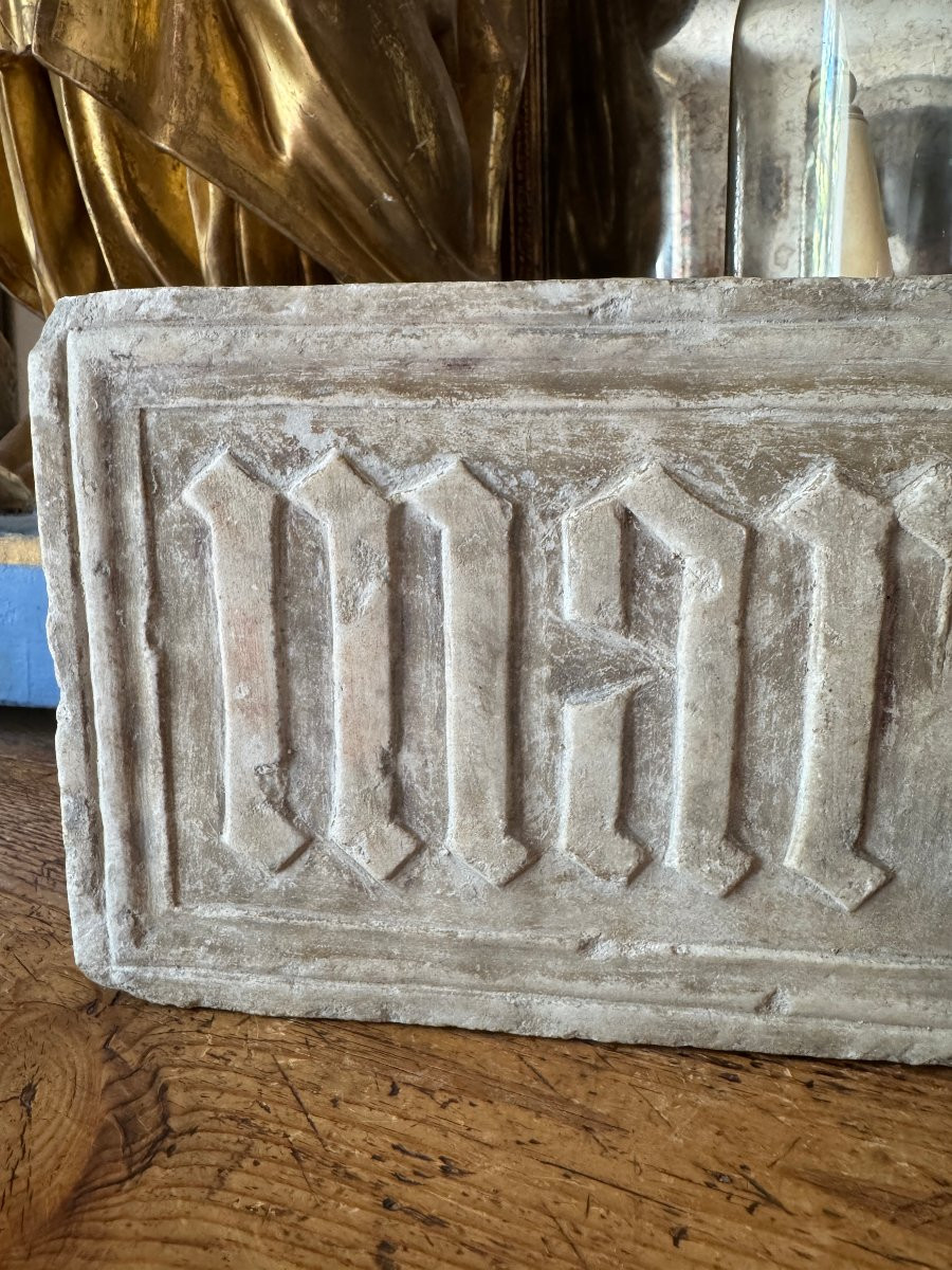 Medieval Statuary – Carved Marble Plaque – Gothic Inscription “maria” – Late Period-photo-4