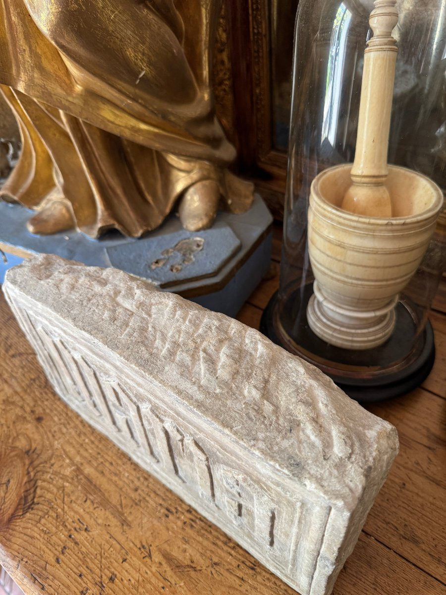 Medieval Statuary – Carved Marble Plaque – Gothic Inscription “maria” – Late Period-photo-2