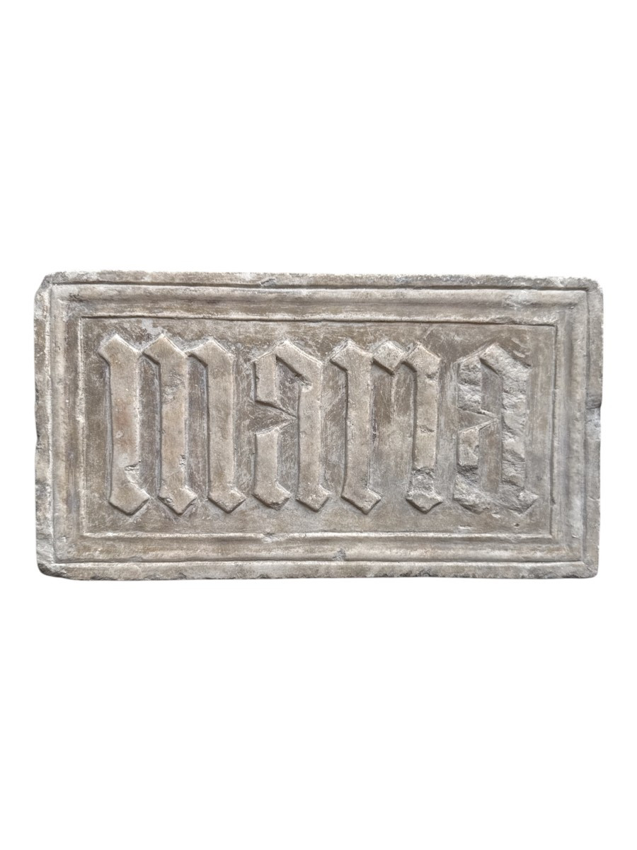 Medieval Statuary – Carved Marble Plaque – Gothic Inscription “maria” – Late Period