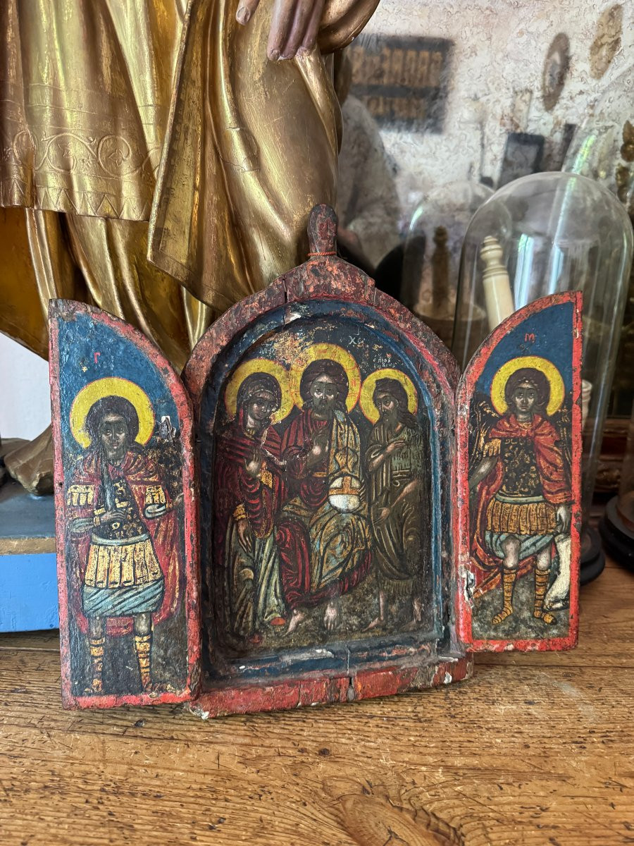 Orthodox Icon – Triptych Christ In Majesty – Scene Of Deisis – Archangel Gabriel – Oil -photo-7