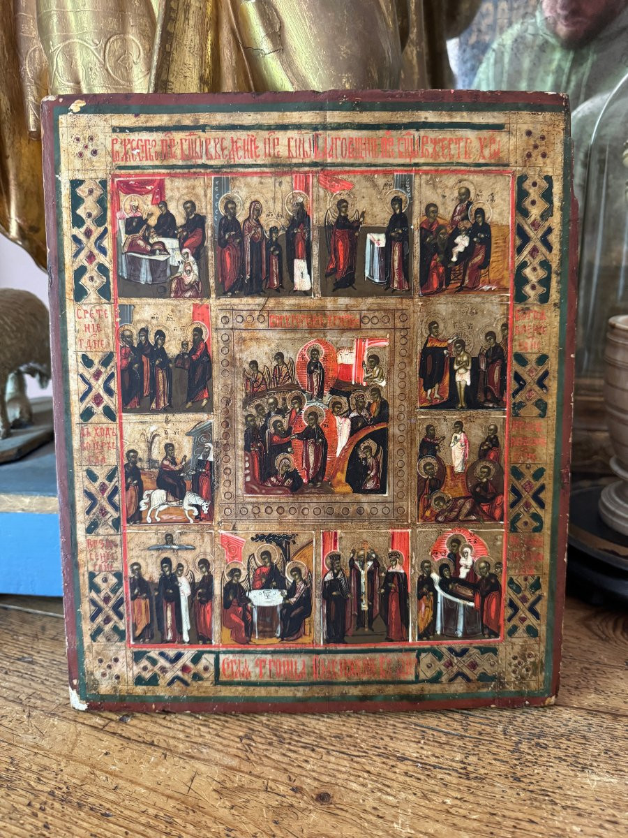 Russian Orthodox Icon – Feast Icon With Twelve Scenes – Anastasis In The Center – Russia - Icon-photo-2
