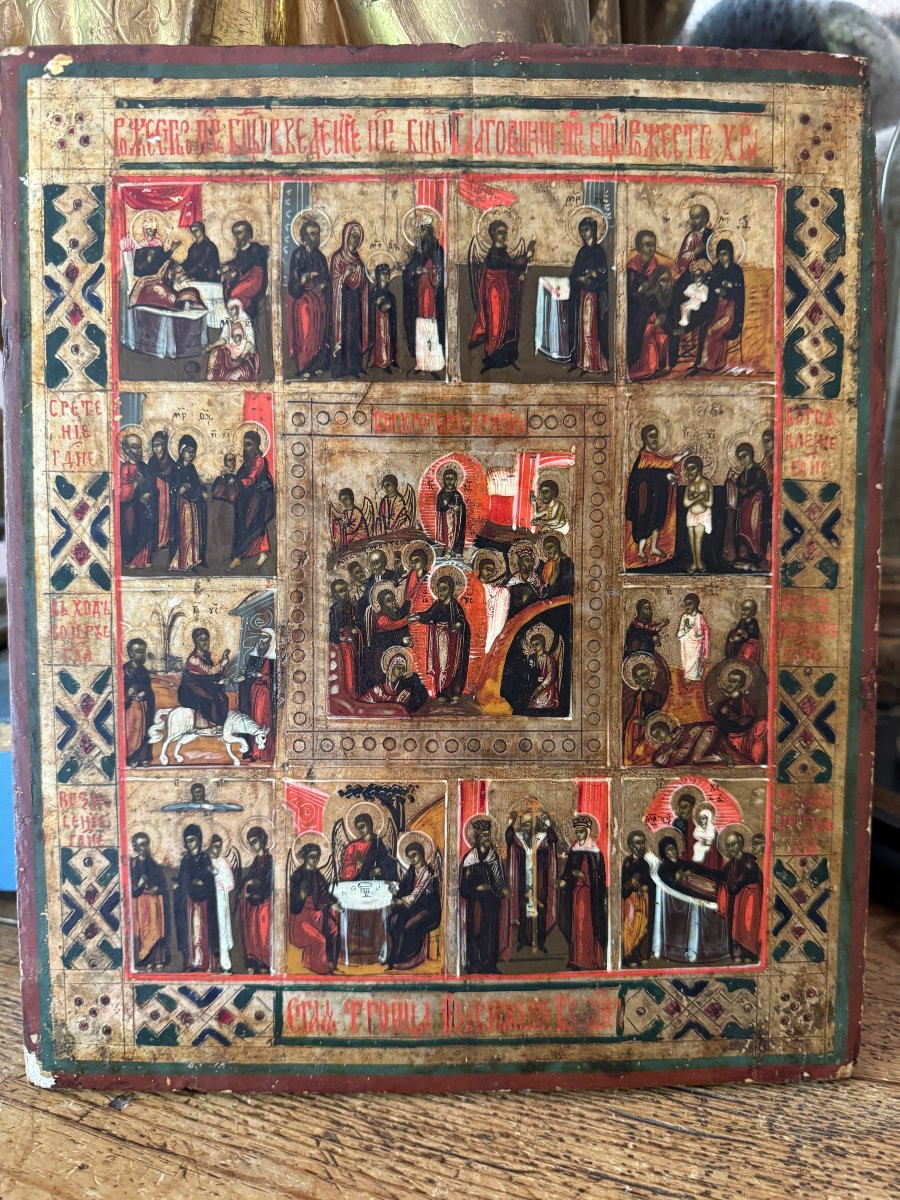 Russian Orthodox Icon – Feast Icon With Twelve Scenes – Anastasis In The Center – Russia - Icon-photo-3