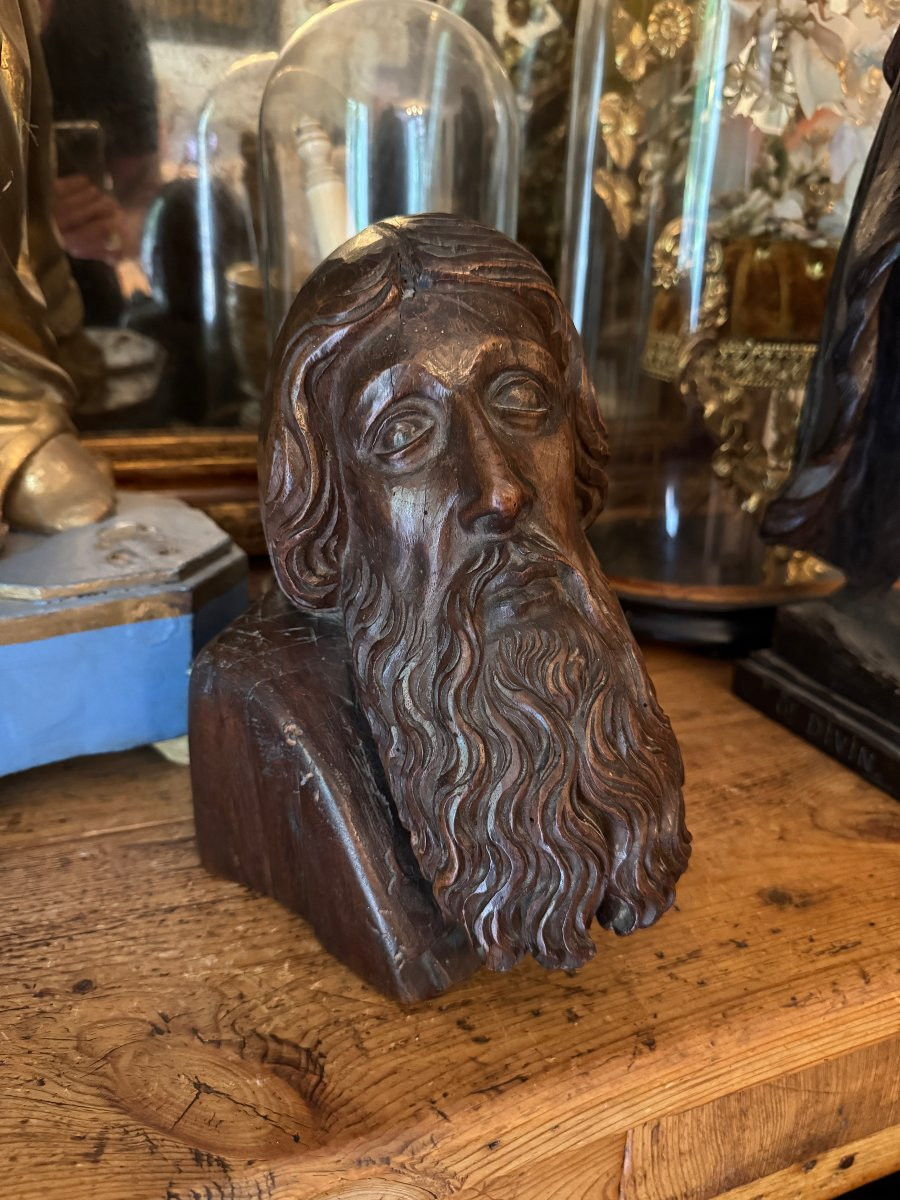 Sculpture - Buste du Christ en bois sculpté, Tête en bois – École française - Art Populaire-photo-4