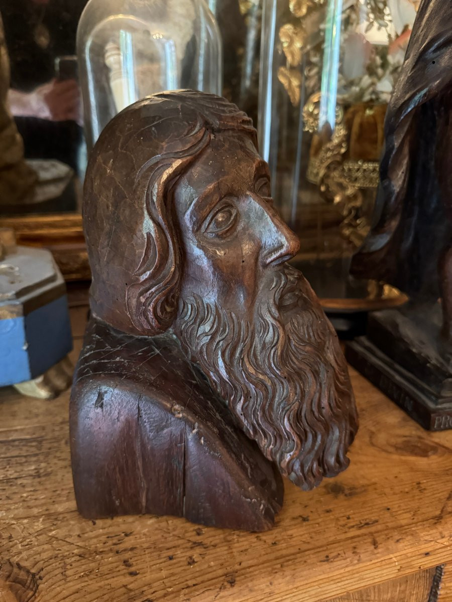 Sculpture - Buste du Christ en bois sculpté, Tête en bois – École française - Art Populaire-photo-2
