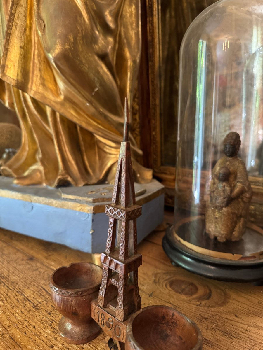 Musée – Salière poivrière – Bois sculpté – Tour Eiffel et cœur – Art populaire – Auvergne-photo-3