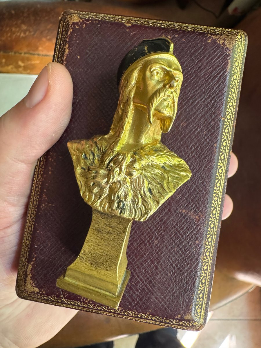 Seal - Stamp - Sculpture, Gilded Bronze - Bust Of Vercingetorix In Its Case - Signed -photo-4