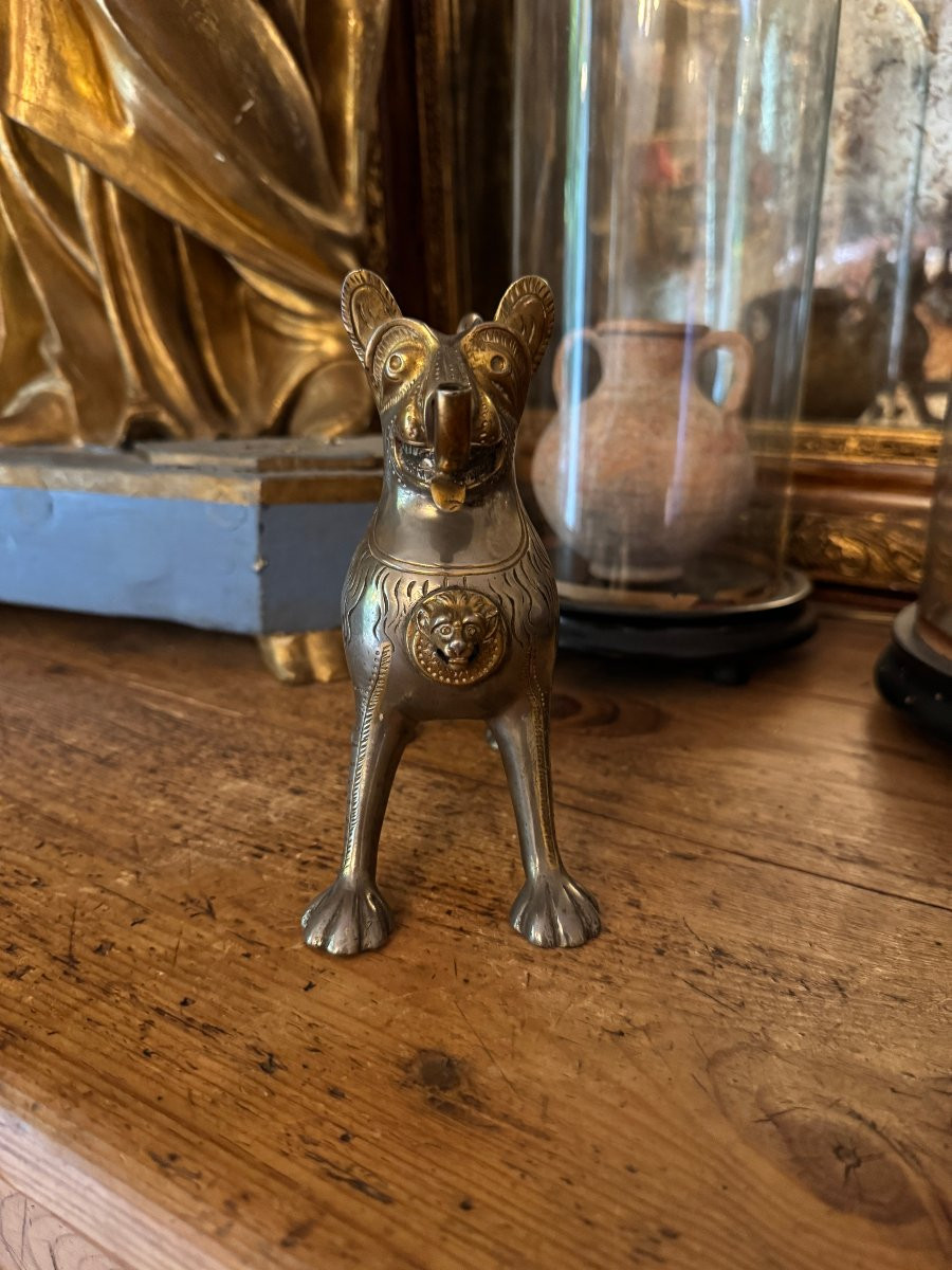 Large Zoomorphic Aquamanile – Silver And Gilt Bronze – Fantastic Creature, Lion – Haute époque-photo-3