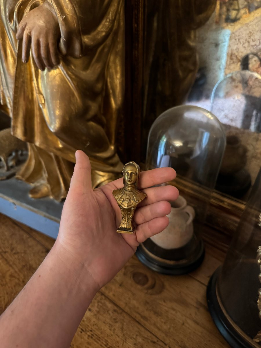 Seal – Stamp – Sculpture, Gilded Bronze – Bust Of Joan Of Arc Wearing A Helmet – Signed Becker-photo-4