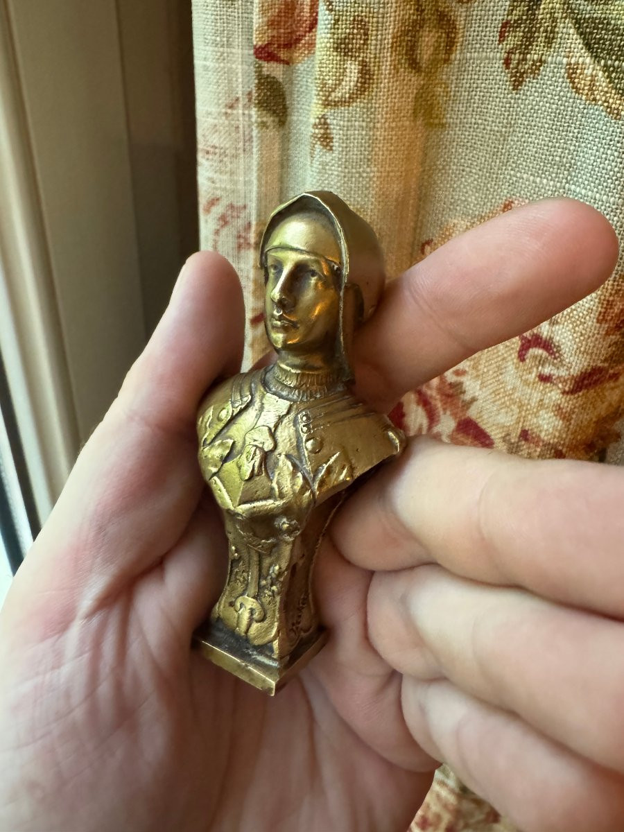 Seal – Stamp – Sculpture, Gilded Bronze – Bust Of Joan Of Arc Wearing A Helmet – Signed Becker-photo-8