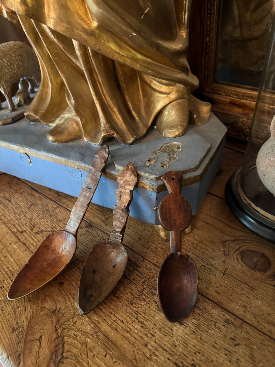 Lot de Trois cuill&egrave;res sculpt&eacute;es &ndash; Cuill&egrave;re - Art populaire &ndash; Auvergne - Art Primitif-photo-3
