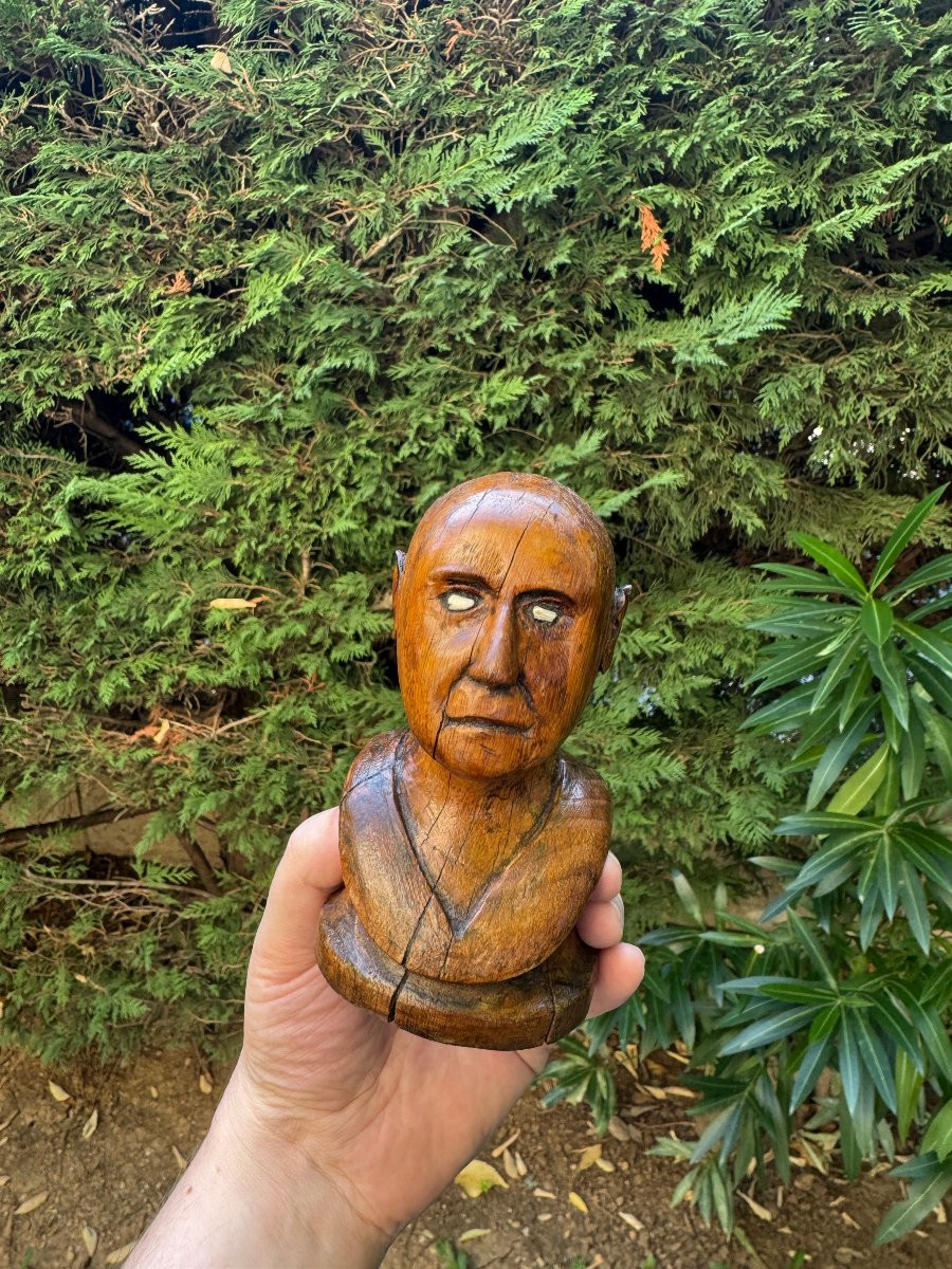 Curiosity - Sculpture - Bust Of A Man In Carved Monoxyl Wood - Inlaid Eyes - Folk Art-photo-2