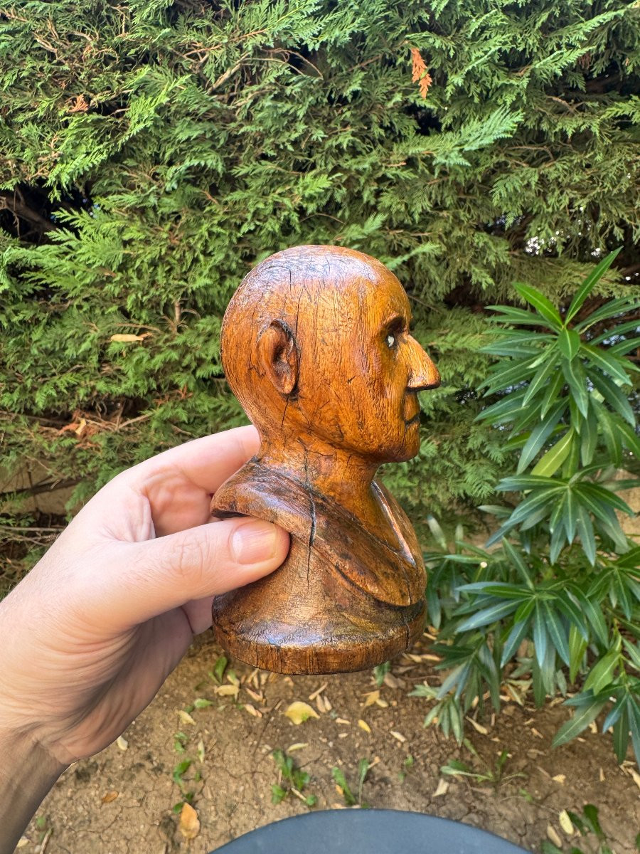 Curiosity - Sculpture - Bust Of A Man In Carved Monoxyl Wood - Inlaid Eyes - Folk Art-photo-3