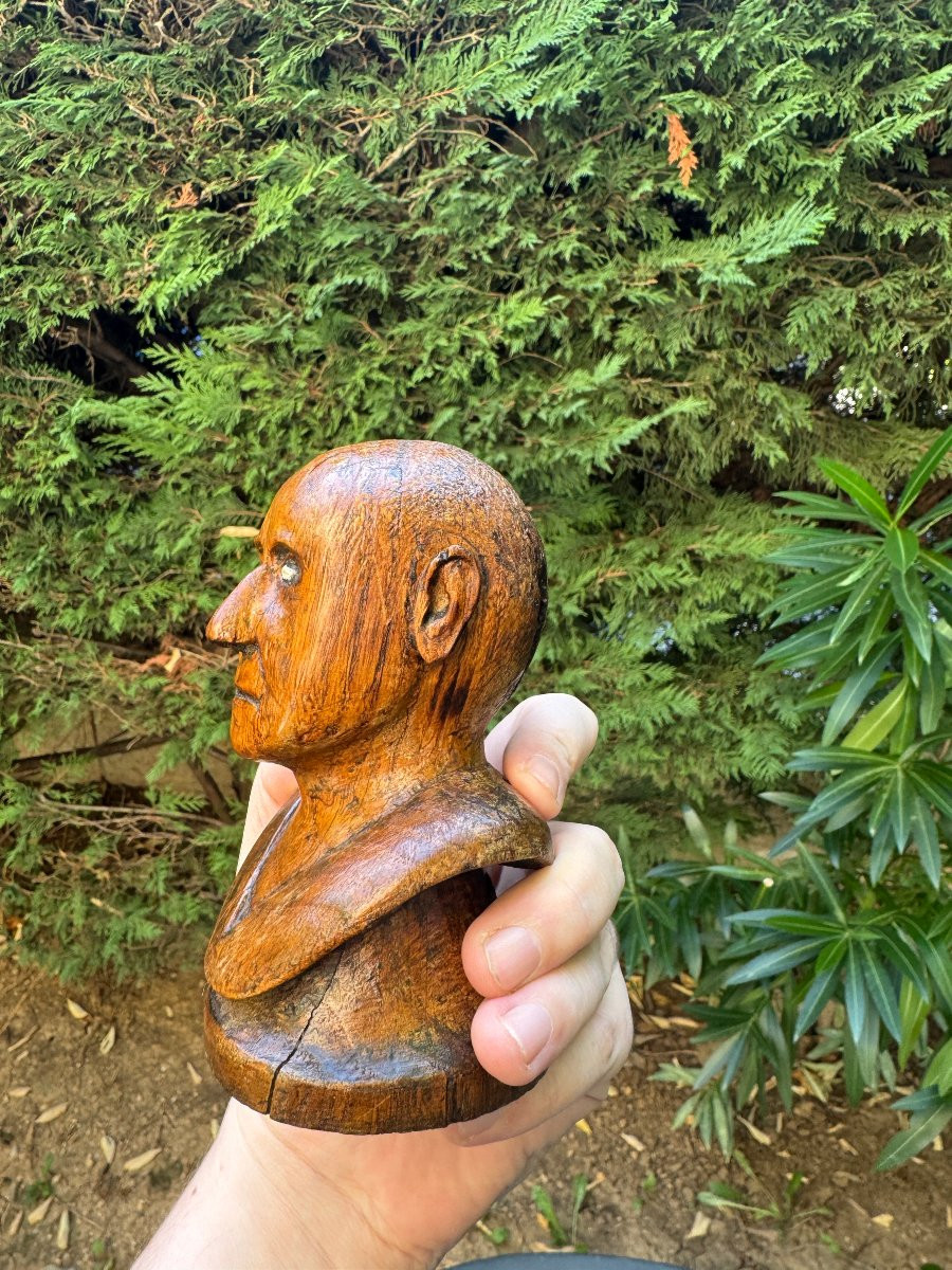 Curiosity - Sculpture - Bust Of A Man In Carved Monoxyl Wood - Inlaid Eyes - Folk Art-photo-4