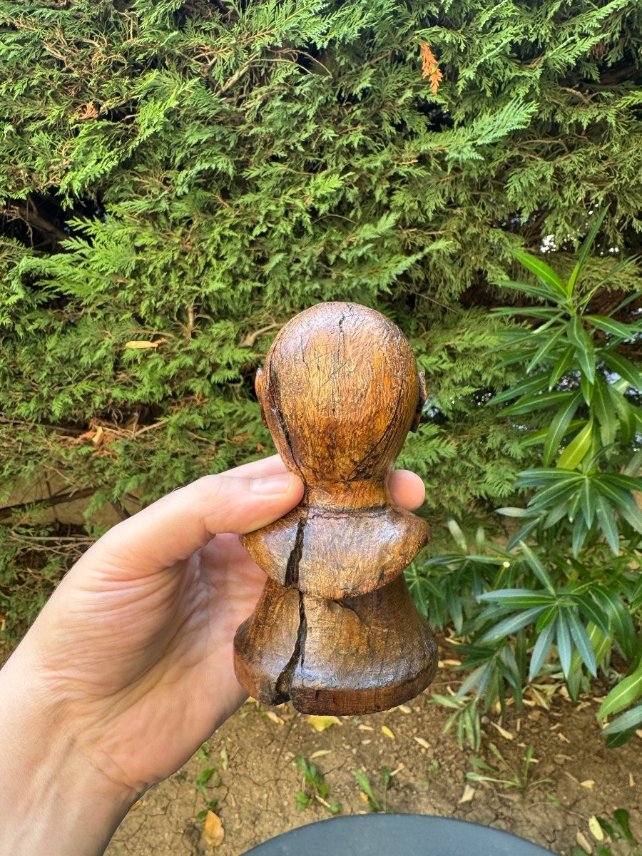Curiosity - Sculpture - Bust Of A Man In Carved Monoxyl Wood - Inlaid Eyes - Folk Art-photo-1