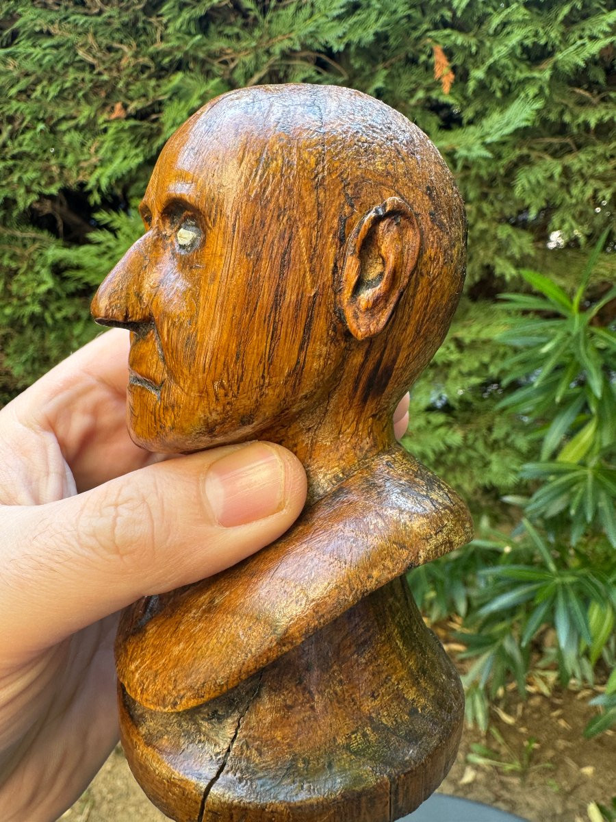 Curiosity - Sculpture - Bust Of A Man In Carved Monoxyl Wood - Inlaid Eyes - Folk Art-photo-2