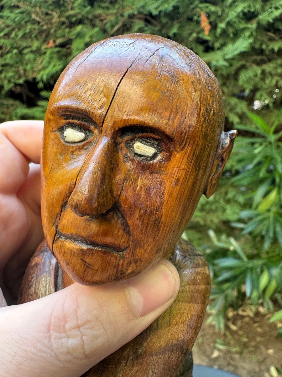 Curiosity - Sculpture - Bust Of A Man In Carved Monoxyl Wood - Inlaid Eyes - Folk Art-photo-3