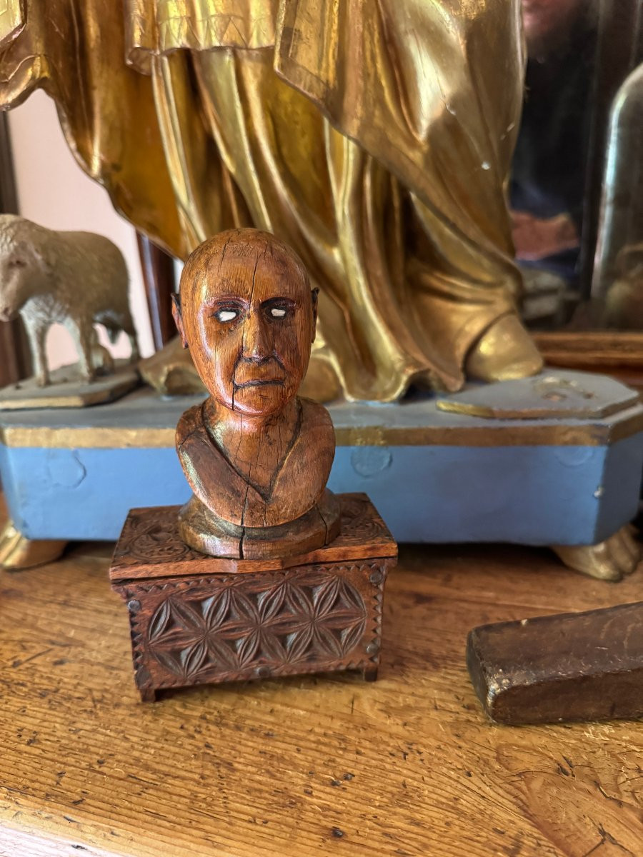 Curiosity - Sculpture - Bust Of A Man In Carved Monoxyl Wood - Inlaid Eyes - Folk Art-photo-5