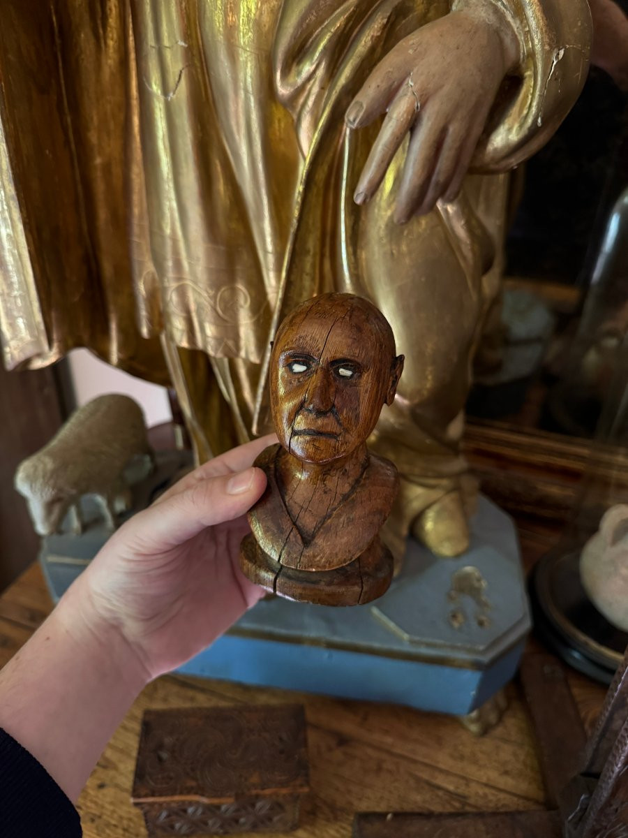 Curiosity - Sculpture - Bust Of A Man In Carved Monoxyl Wood - Inlaid Eyes - Folk Art-photo-6