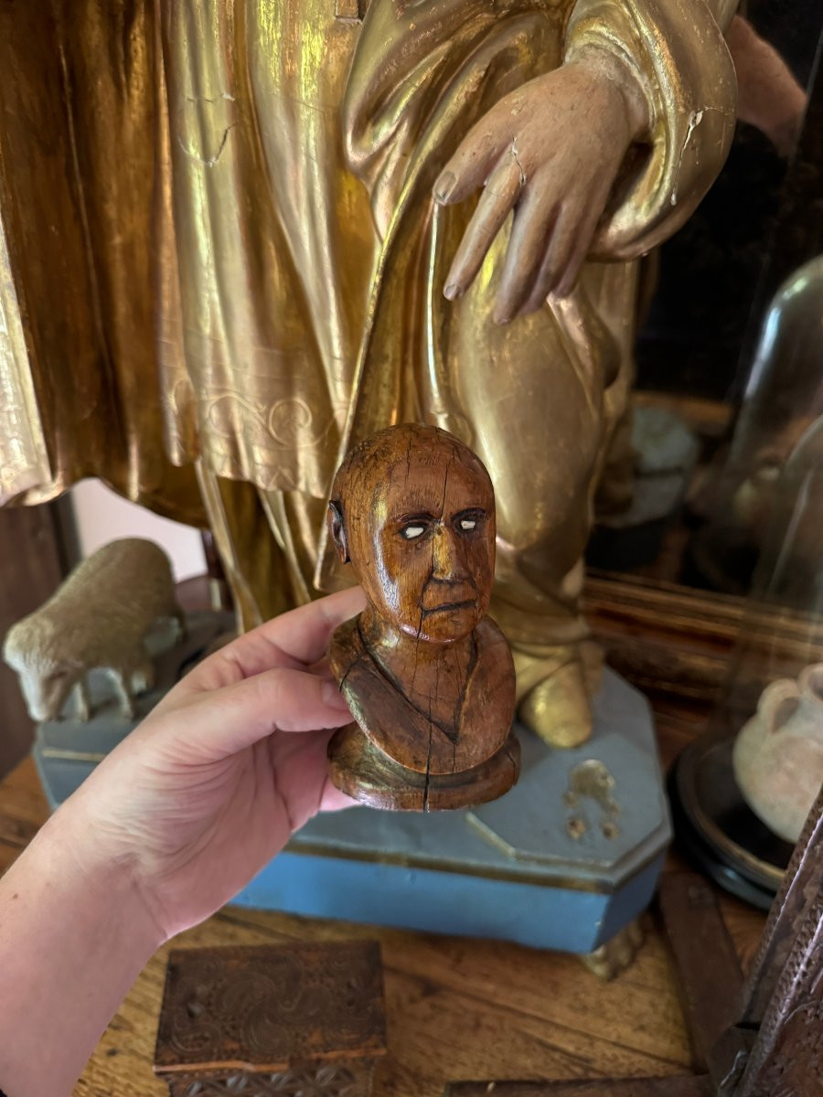 Curiosity - Sculpture - Bust Of A Man In Carved Monoxyl Wood - Inlaid Eyes - Folk Art-photo-7