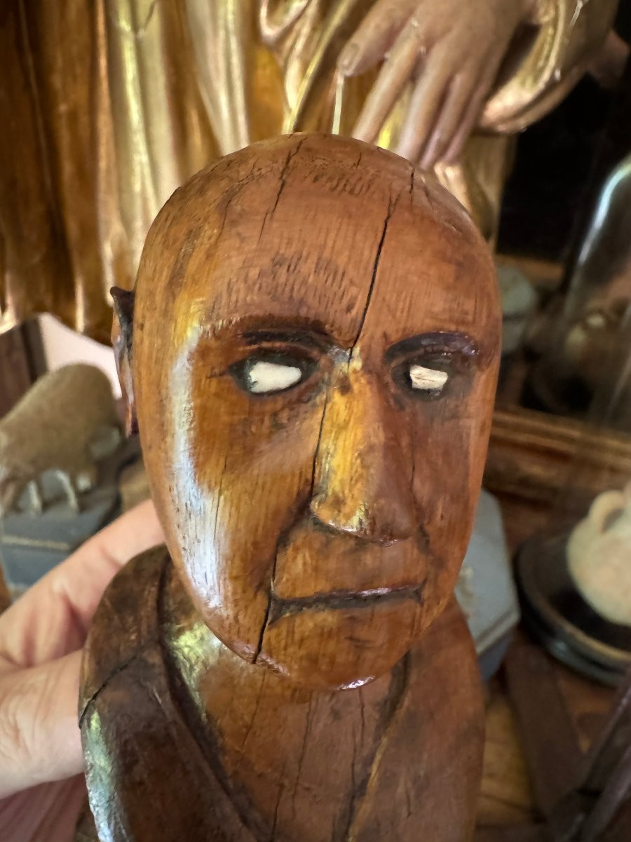 Curiosity - Sculpture - Bust Of A Man In Carved Monoxyl Wood - Inlaid Eyes - Folk Art-photo-8