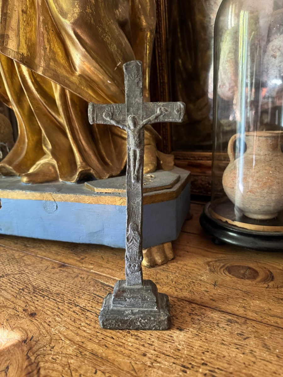  Crucifix – Devotional Cross In Cast Lead – Folk Art, Massif Central – Haute époque-photo-7