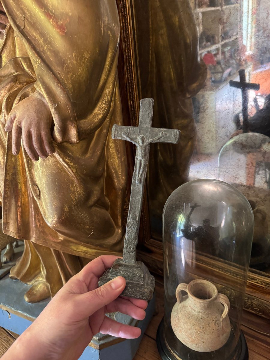  Crucifix – Devotional Cross In Cast Lead – Folk Art, Massif Central – Haute époque-photo-8