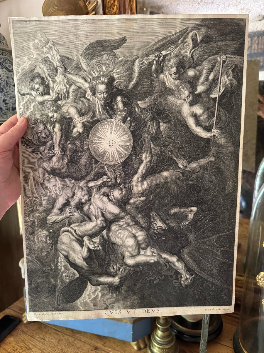 Gravure &ndash; Eau-forte et burin &ndash; Saint Michel terrassant les anges rebelles &ndash; Haute &Eacute;poque-photo-2