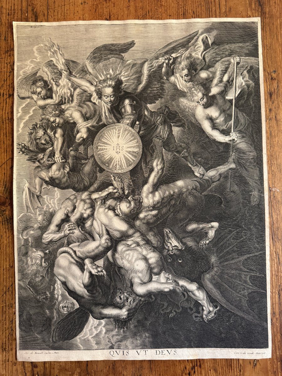Gravure &ndash; Eau-forte et burin &ndash; Saint Michel terrassant les anges rebelles &ndash; Haute &Eacute;poque-photo-3