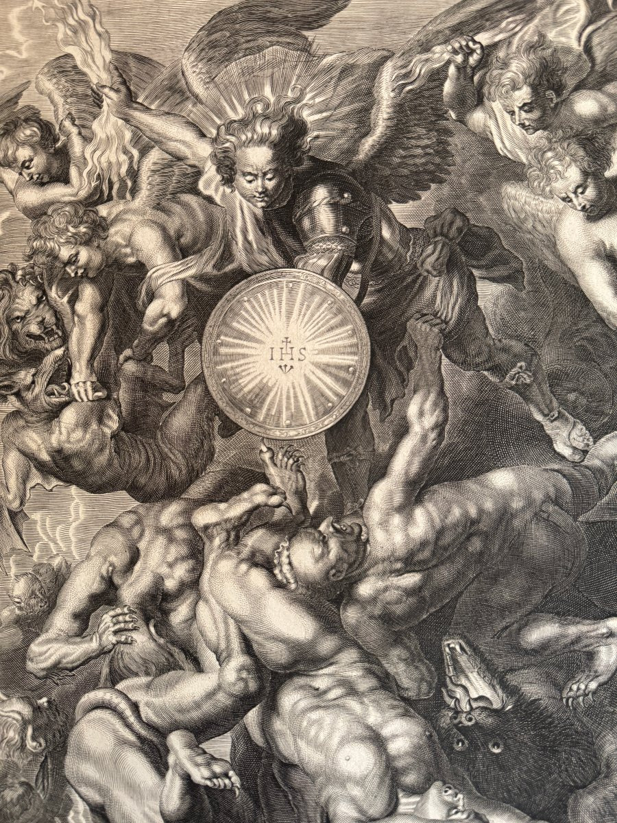 Gravure &ndash; Eau-forte et burin &ndash; Saint Michel terrassant les anges rebelles &ndash; Haute &Eacute;poque-photo-3